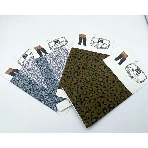 HE Boot CUFFS TAN LEOPARD  & blue gray patterned Print ONE SIZE NWT - Picture 1 of 3